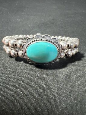 .925 Sterling Silver Carolyn Pollack Relios Turquoise Two Row Bead Bracelet
